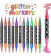IOMDRWU Glitter Effect Brush Markers Pens, 24 Colors Dual Tip Glitter Pens Set 12 Pack Metallic S...