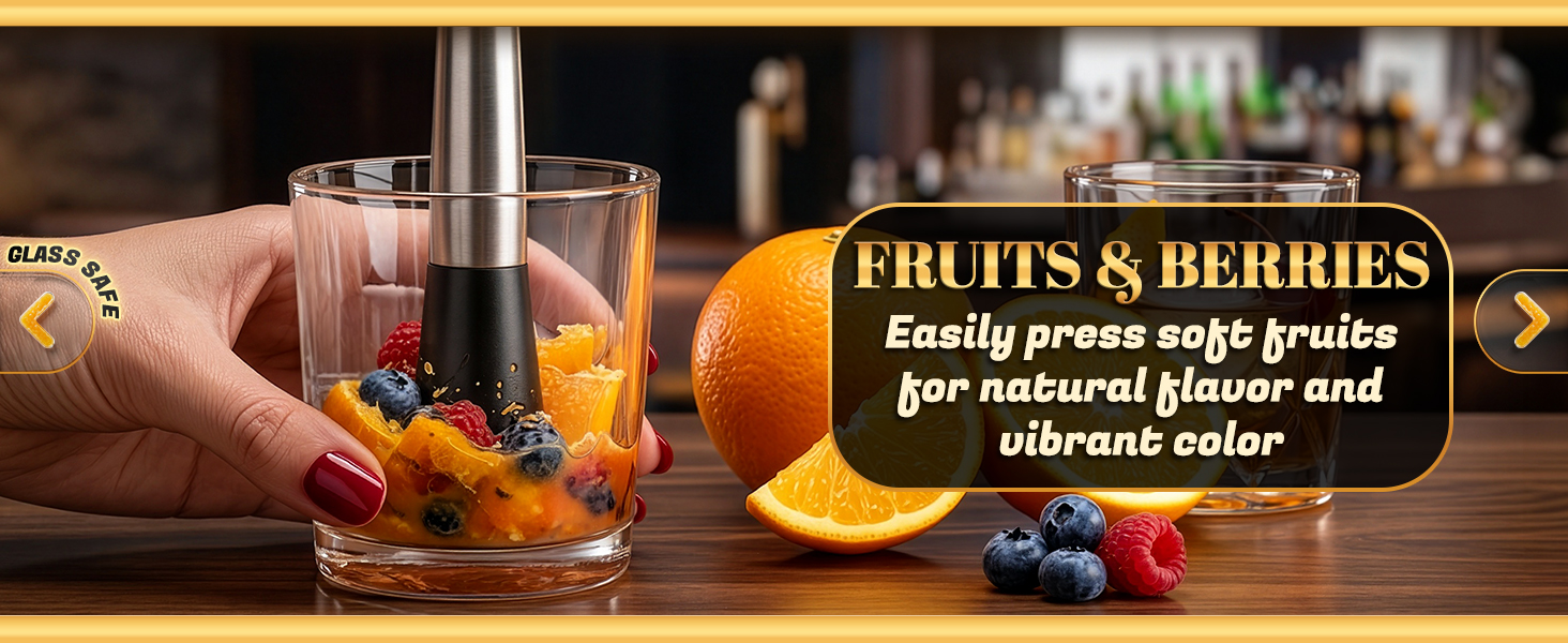stainless steel muddler crushing citrus in glass showing use with fruits and berries