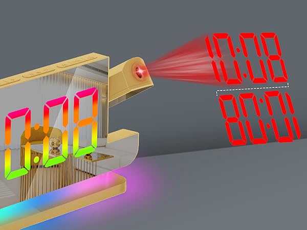 Projection Alarm Clock,7.4 in LED Mirror Digital Clocks Projection on Ceiling Wall,RGB Night Light