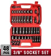 LLNDEI 3/8" Drive Impact Socket Set SAE and Metric (5/16"- 3/4", 8-22mm) 48pcs, CR-V Steel, 6 Poi...