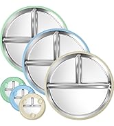 BUSOHA 3 Pack Stainless Steel Kids Plate with Suction - 9” Divided Toddler Baby Plates with Silic...