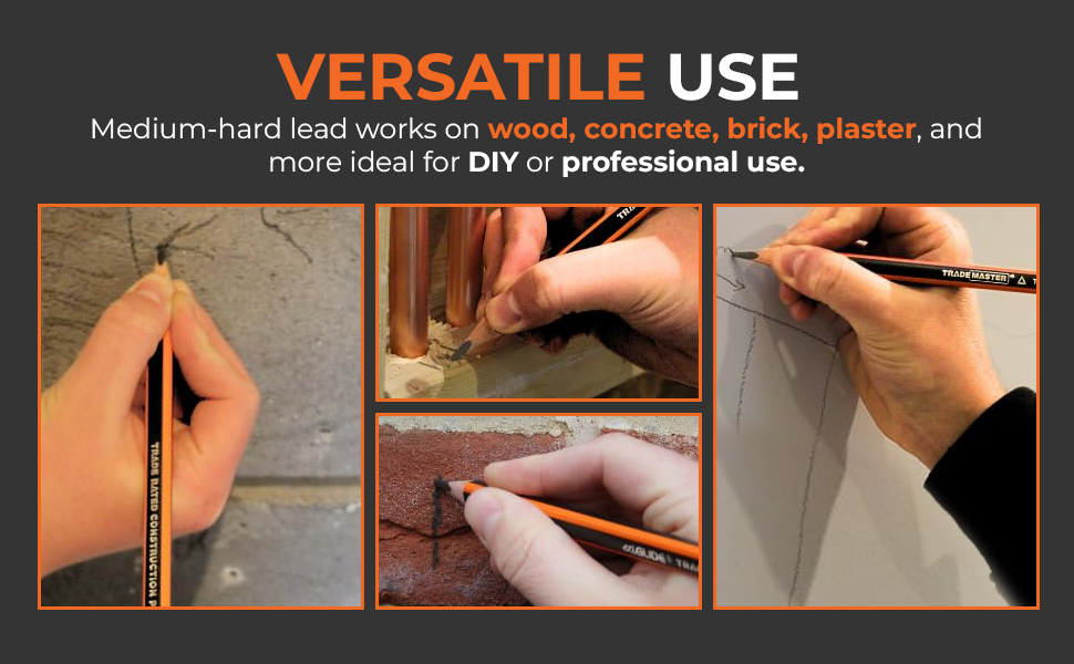 Carpentry pencil showcased in multiple uses: marking on wood, concrete, brick, and plaster. Medium-hard lead suitable for DIY or professional projects. Versatile application demonstrated in four panel images.