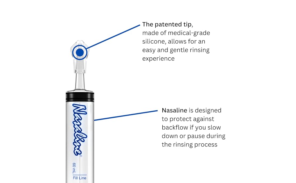 Nasaline has a medical-grade silicone tip that allows for easy and gentle nasal rinsing