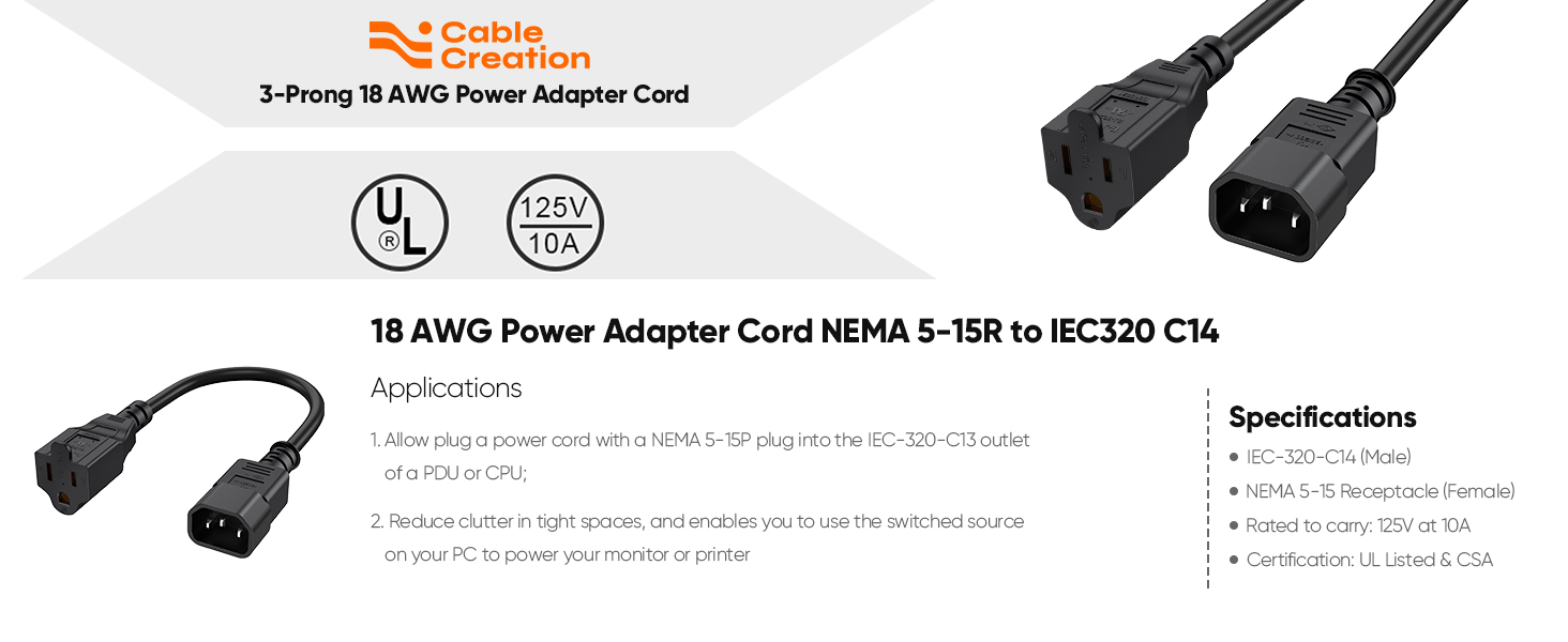 CableCreation 1 Feet Standard Computer Power Adapter Cord