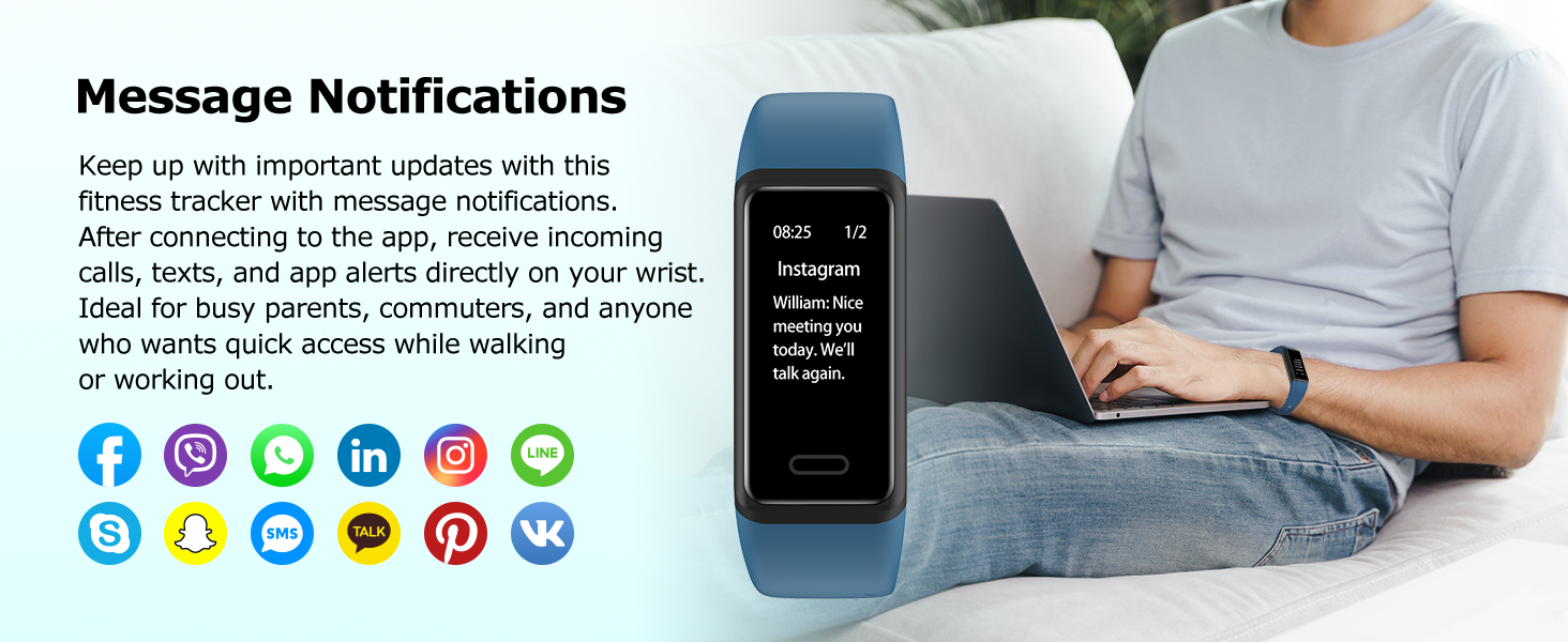 Fitness tracker smartwatch with message notifications, text alerts, calls and app notifications