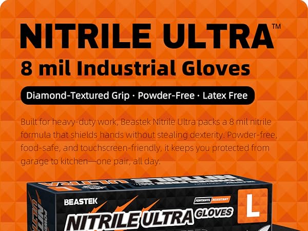Beastek 8 mil nitrile gloves ultra industrial orange diamond textured grip powder free latex free