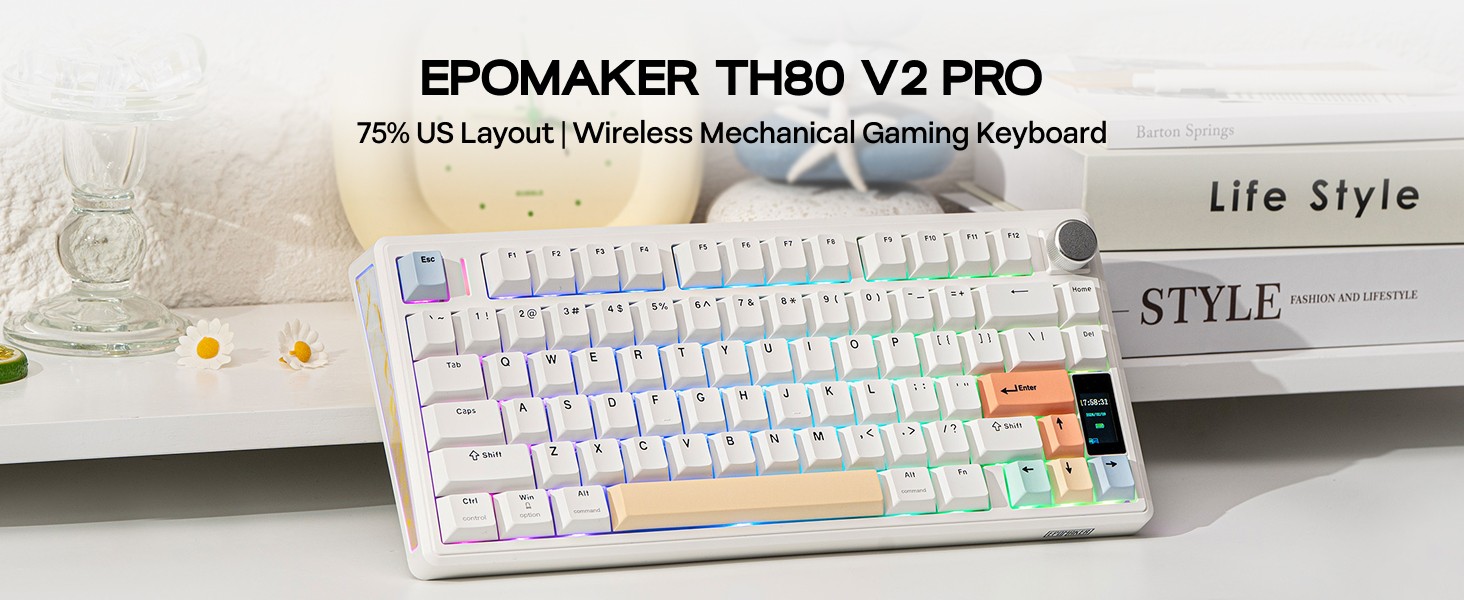Text reads 'EPOMAKER TH80 V2 PRO'. Mechanical keyboard with white keycaps and RGB backlighting shown from multiple angles on white background.