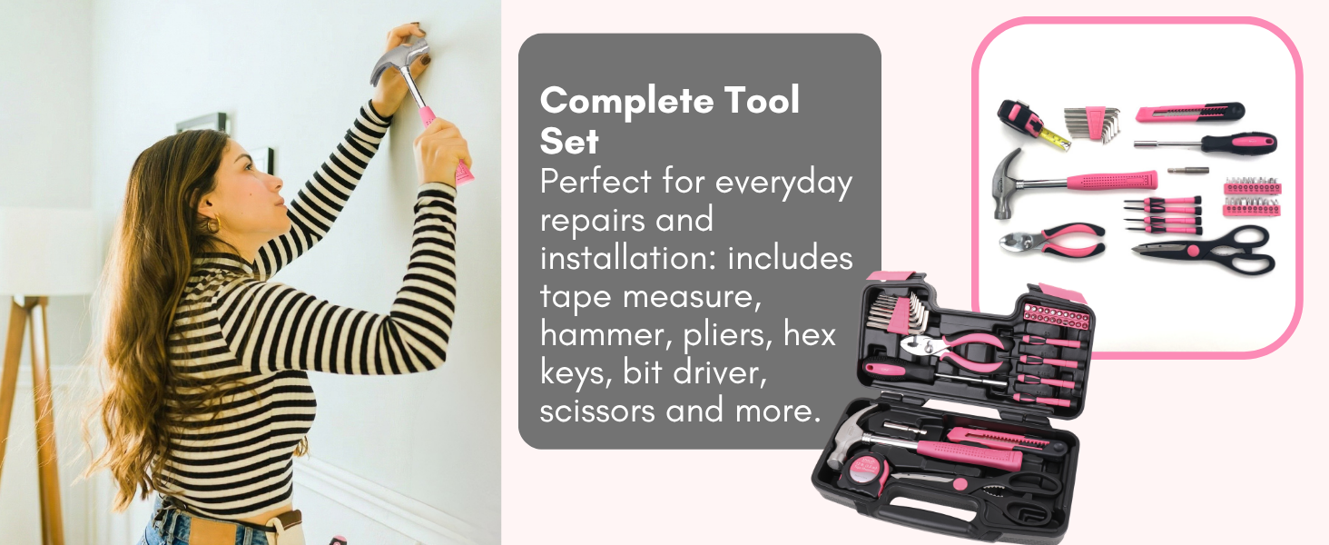 a small tool set in pink for everyday repairs and maintenance and installations
