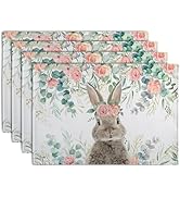 Wnoesat Easter Bunny Placemats Set of 4 Eucalyptus Leaves Rabbit Rose Place Mats 12x18 Inch Sprin...
