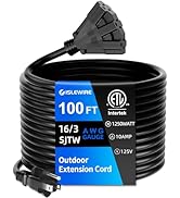 islewire 100 FT 3 Outlet Outdoor Extension Cord Waterproof, 16/3 SJTW Black Extension Cord with M...