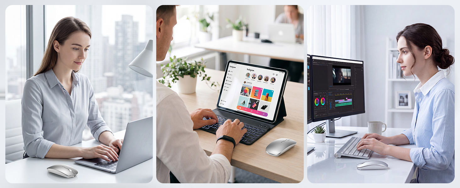Three-panel composite showing people in office settings: woman at laptop, person viewing tablet with colorful interface, woman working at desk with monitor and materials.