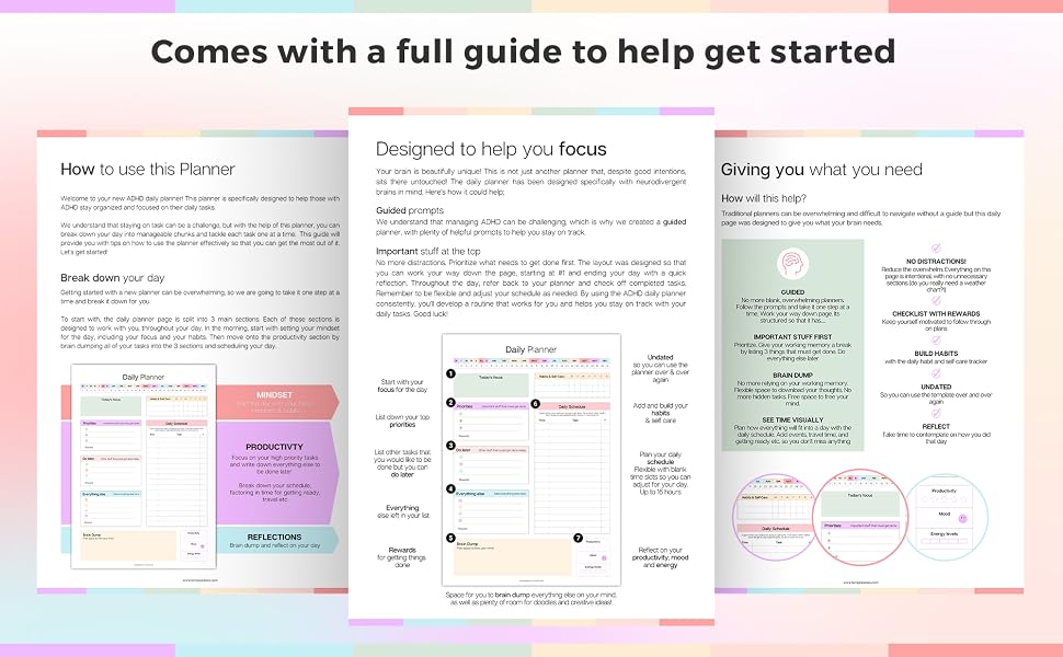 Multi-page getting started guide featuring instructional diagrams, text sections, and color-coded information blocks on pink-bordered pages.