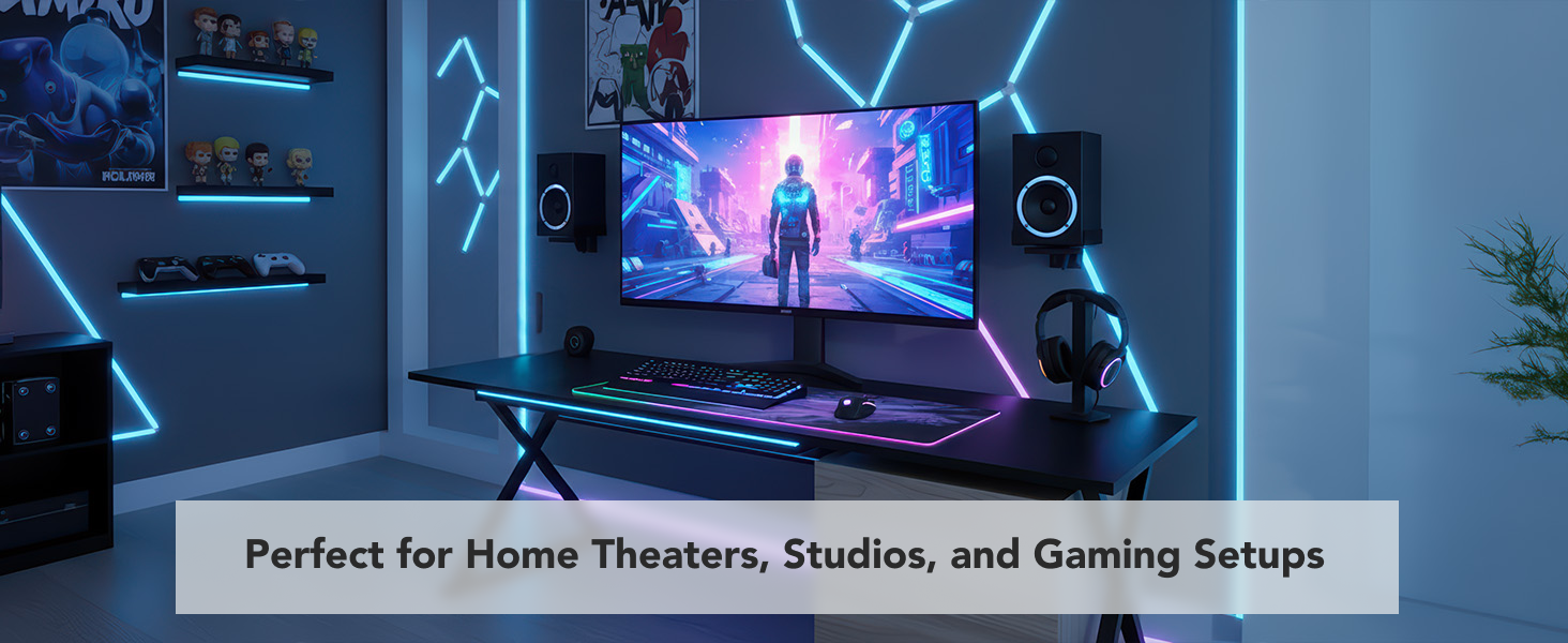 Wall-mounted bookshelf speakers used in home theater, studio, and gaming setups.