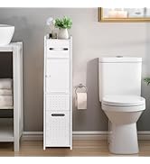 ShellKingdom Toilet Paper Holder Stand with Trash Can, Slim Bathroom Storage Cabinet Shelves, Sto...