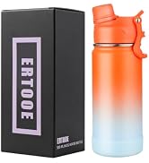 Insulated Water Bottle 16oz, Stainless Steel Double Wall Vacuum Sports Flask with 2-in-1 Straw &amp; ...