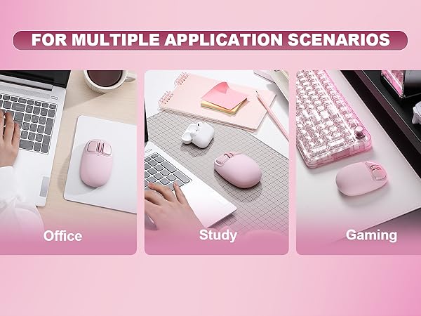 Text reads 'FOR MULTIPLE APPLICATION SCENARIOS', 'Office', 'Study', 'Gaming'. Composite image showing pink and white desk setups in different environments for various uses.