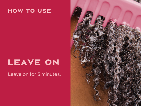 Image of a woman combing her wet curly hair, next to instructions to leave the product on hair.