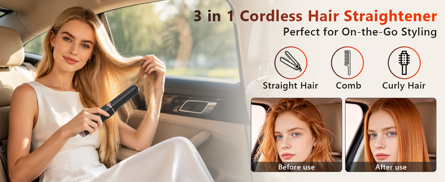 Cordless Hair Straightener Brush, Portable 4500mAh Rechargeable Straightening Comb, MCH Fast Heat