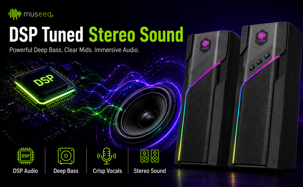 dsp tuned stereo computer speakers with deep bass clear mids immersive gaming desktop audio