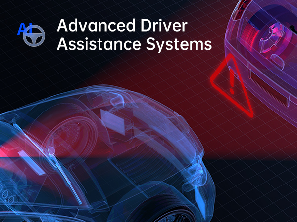 Illustration of Advanced Driver Assistance Systems, showing transparent car outlines with highlighted sensors and warning indicators in red and blue colors.