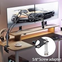 Adjustable desk mount arm for monitors or devices. Features multiple joints and a 5/8" screw adapter for versatile positioning.