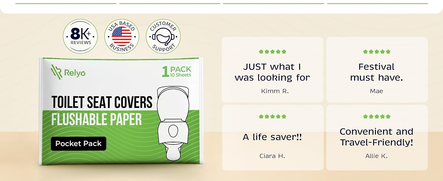 toilet seat covers, flushable paper, Relyo, travel essentials, USA made