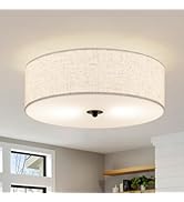 CALOKES Flush Mount Ceiling Light Fixture, 13" Close to Ceiling Light with Beige Fabric Linen Dru...