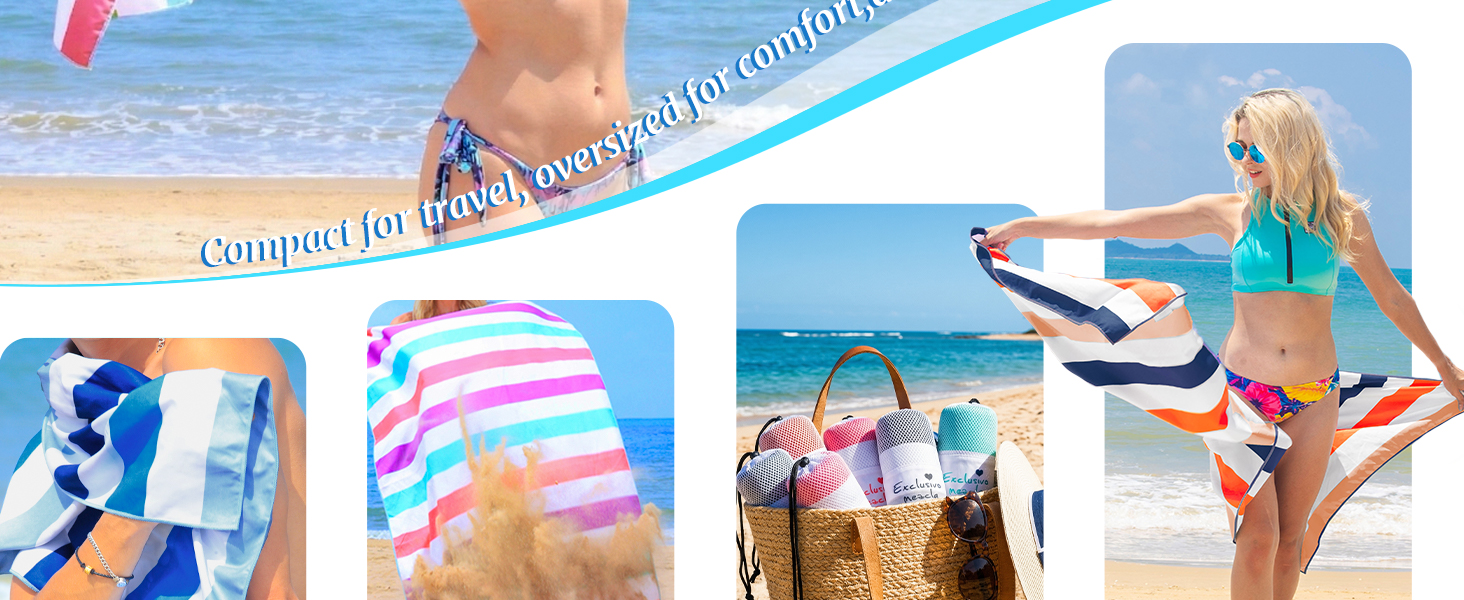 Text reads 'Compact for Easy portability'. Collage showing colorful striped beach towels and child using towel in water and sand beach settings.
