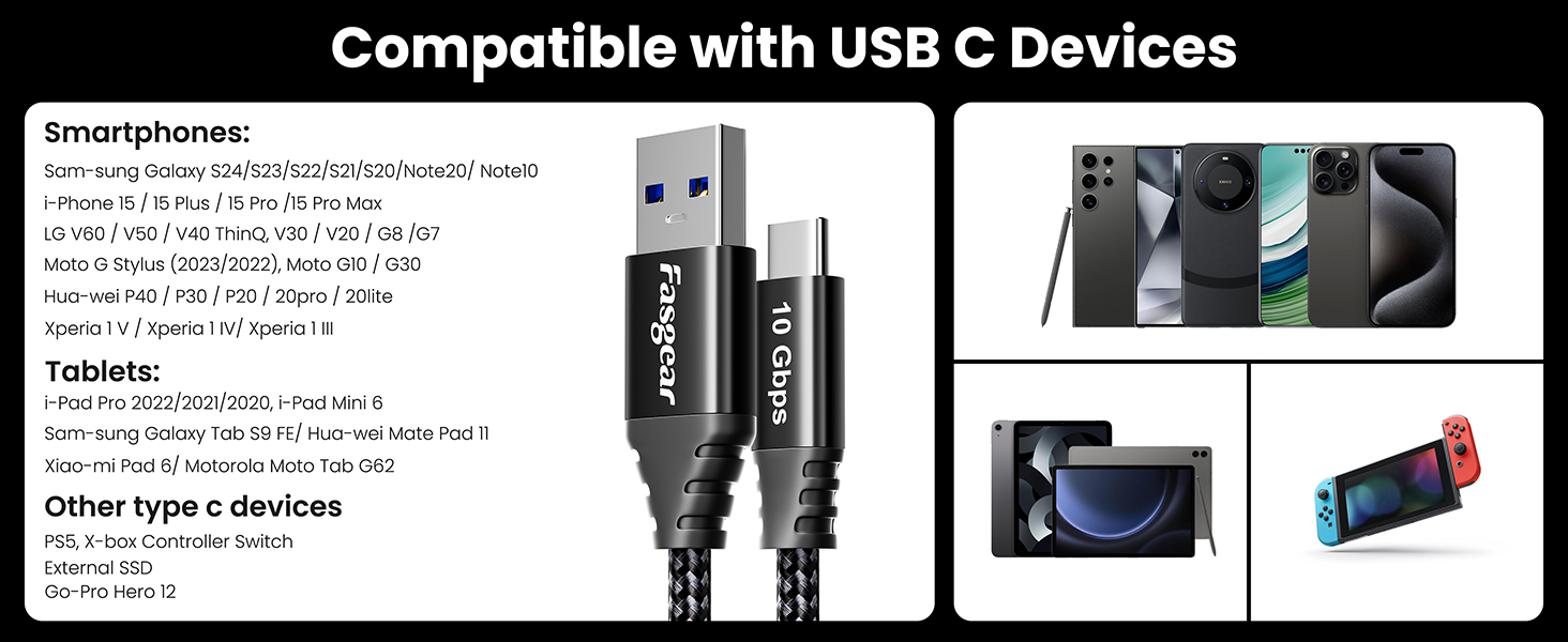 Fasgear USB to USB C Cable USB 3.2 Gen 2 10Gbps Data Transfer 3A Fast Charging
