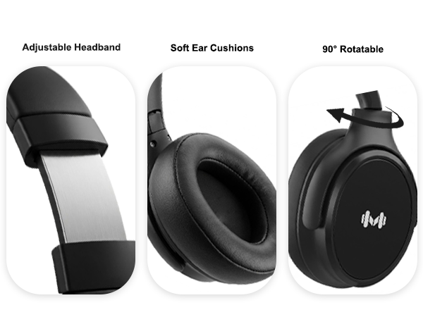 Ergonomic details: adjustable headband, soft cushions, and 90° rotation.