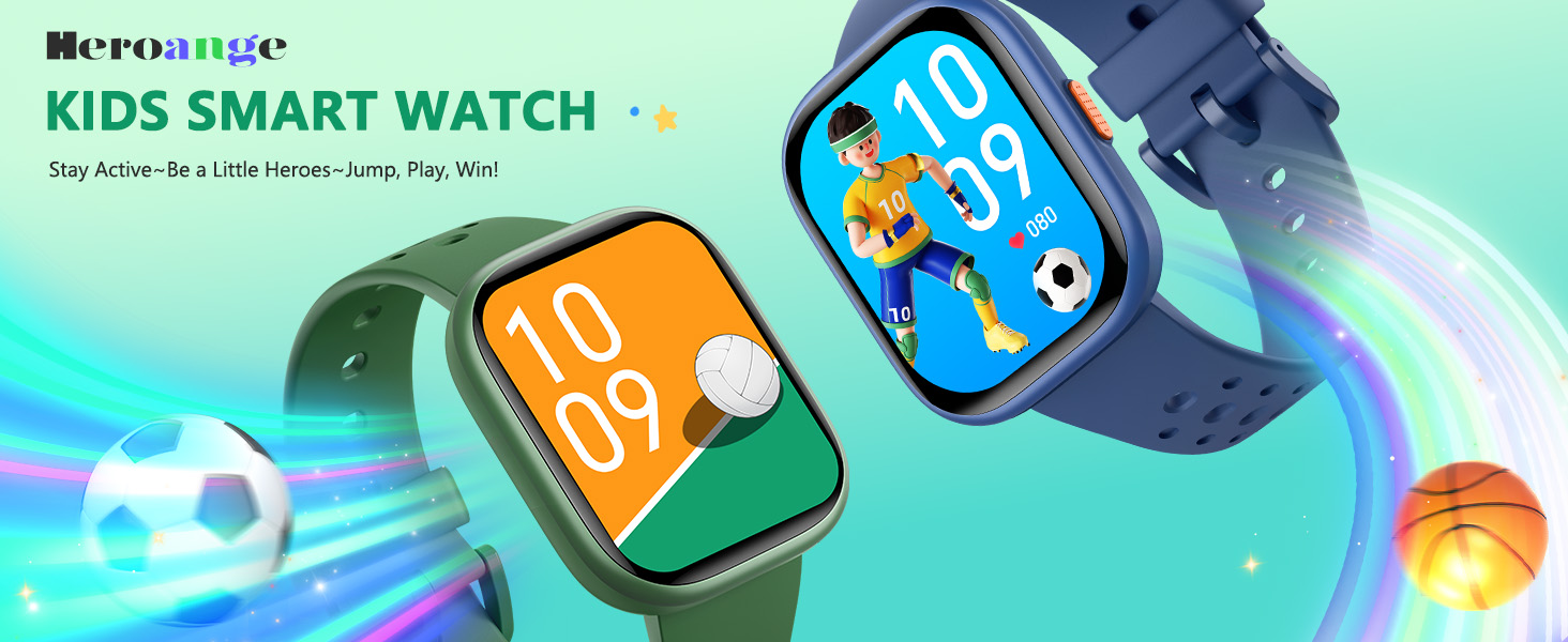 Text reads 'KIDS SMART WATCH'. Collection of colorful smartwatches with digital displays featuring bright blue and orange interface screens against a blue-green background.