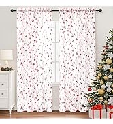 WUBODTI Christmas Red Sheer Curtain for Living Room 84 Inches Long 2 Panels Set, Rod Pocket Leaf ...