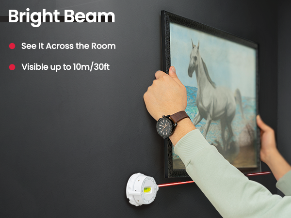 Zanis Laser Level bright beam visible up to 10 m / 30 ft for room-wide visibility.