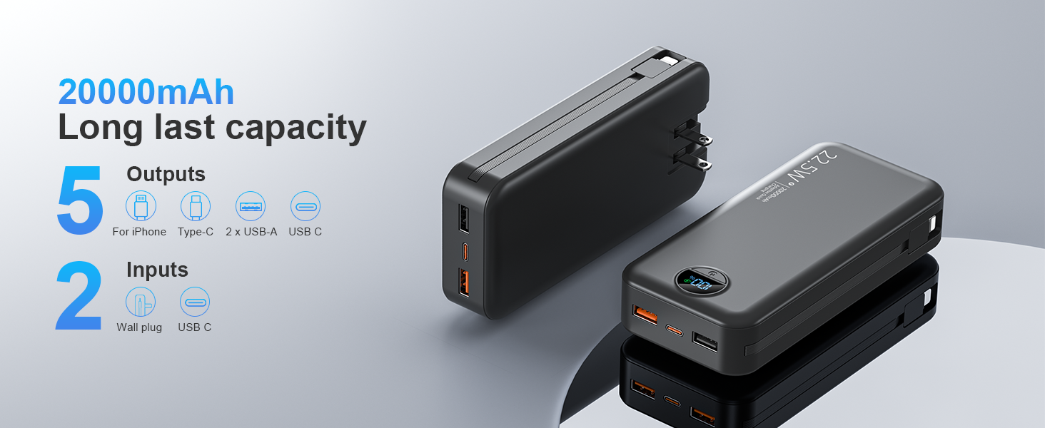 20000aAh Long last capacity portable charger with built in cable