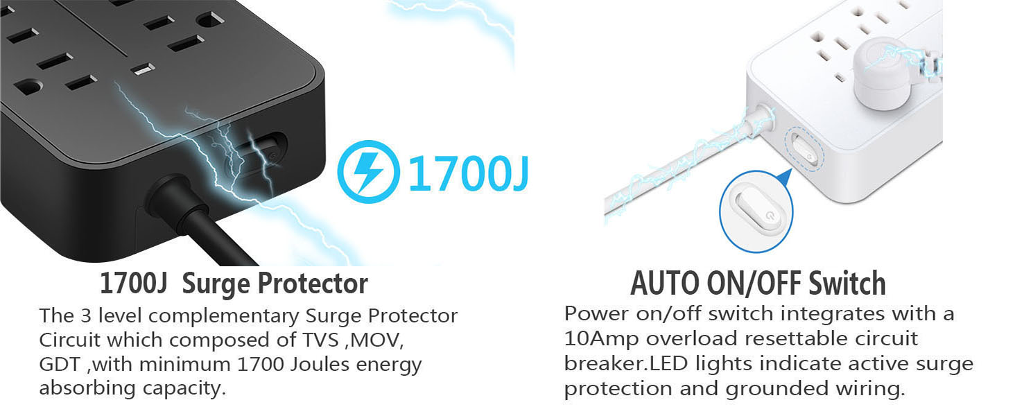 Surge Protector Power Strip Extension Cord with USB C