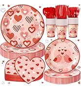 168PCS Happy Galentine's Day Party Supplies,Love Heart Disposable Paper Plates Napkins Cups Cutle...