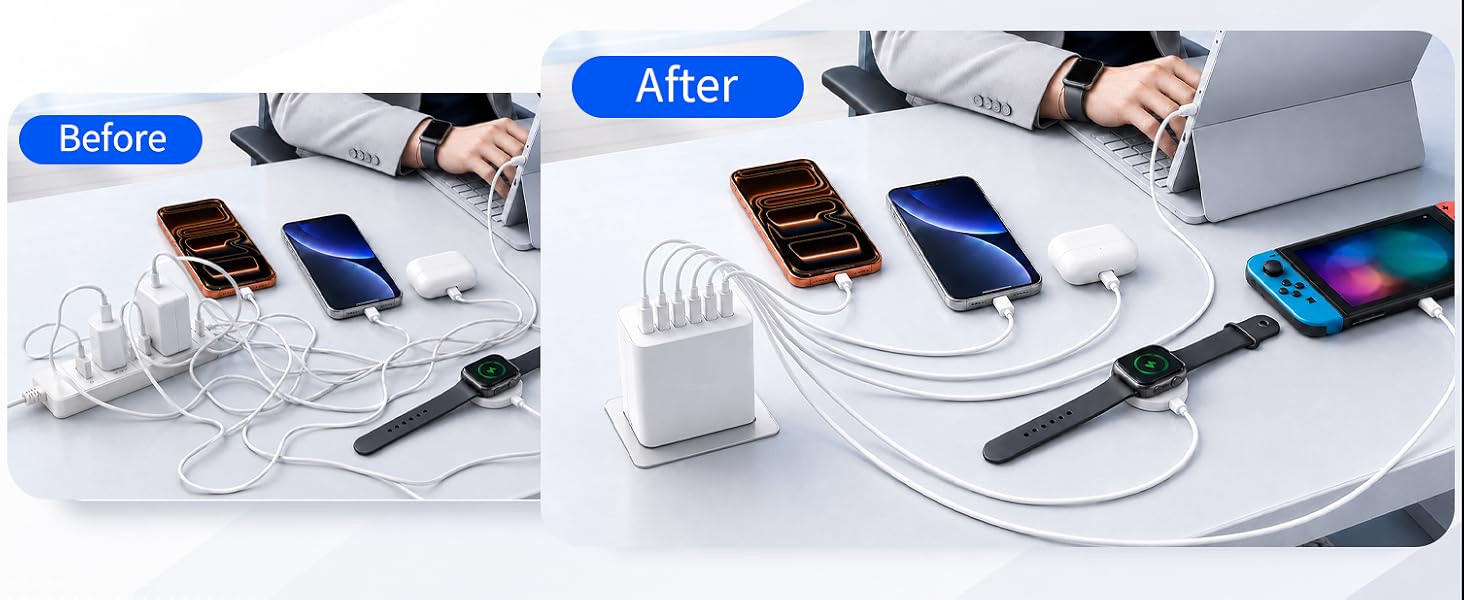 Multi-port USB charging head powers phones, earbuds, smartwatch, tablet and game console