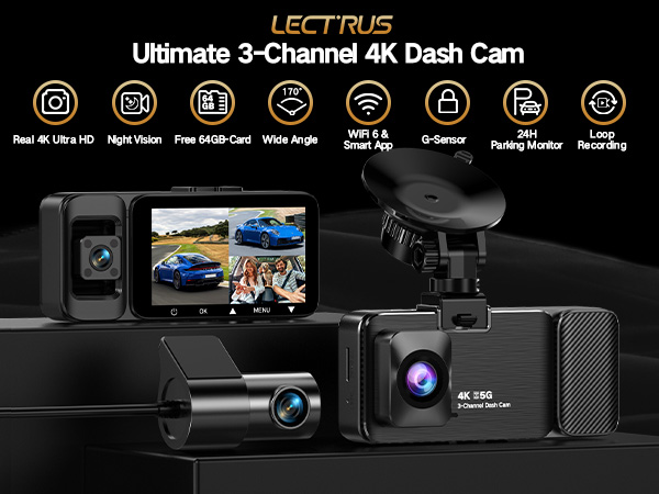 4K Dash Cam Front and Rear Inside, 3-Channel Cars Camera Dash