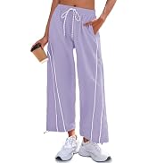 Fisoew Womens Baggy Wide Leg Pants Casual Elastic Waist Drawstring Hiking Workout Cropped Track P...