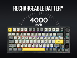 Mechanical keyboard with gray and yellow keycaps, featuring a 4000mAh rechargeable battery capacity, displayed against dark background.