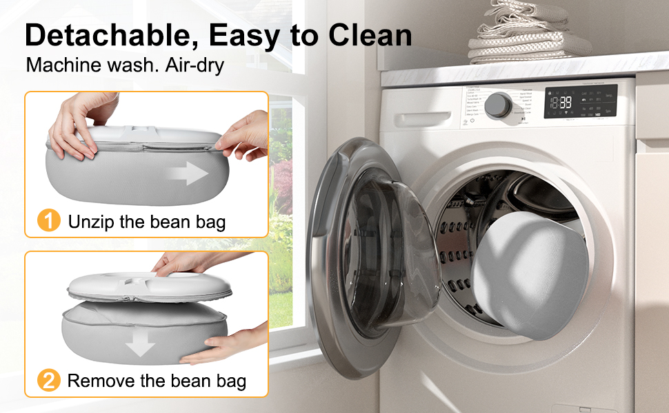 Detachable Easy to Clean Machine wash Air-dry Unzip the bean bag Remove the bean bag