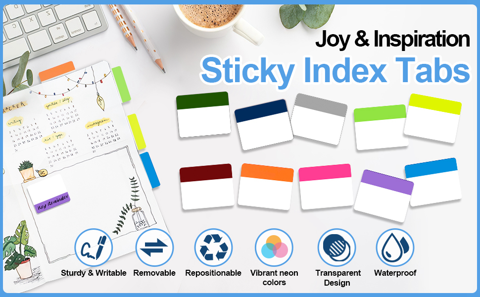 Colorful sticky index tabs displayed on a desk with calendar and keyboard. Product features listed include reusable and waterproof properties.