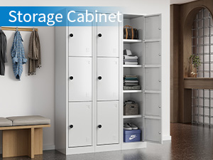 Lockable white storage cabinet with multiple compartments for home and office use.