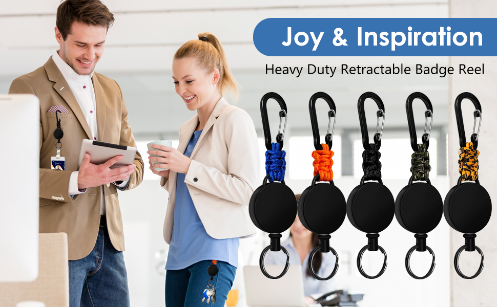 Heavy-duty retractable badge reels displayed in various colors including blue, orange, and leopard print patterns with secure clips.