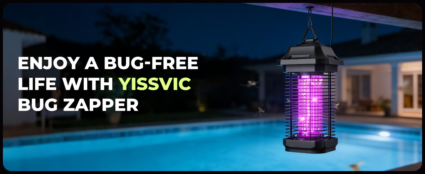 hanging the lantern bug zapper on the pool for summer swimming