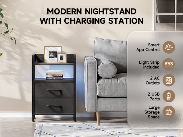 black night stand with charging station