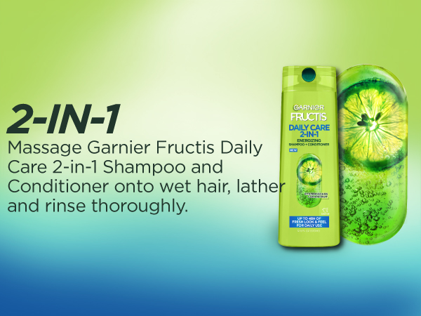2-in-1, massage garnier fructis daily care 2-in-1 shampoo and conditioner onto wet hair