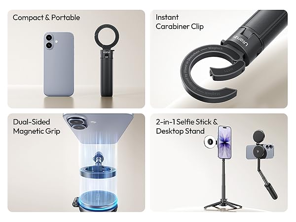 Product features labeled: 'Compact &amp; Portable', 'Instant', 'Magnetic Grip', 'Desktop Stand'. Multiple views of phone mounting accessories and stands.