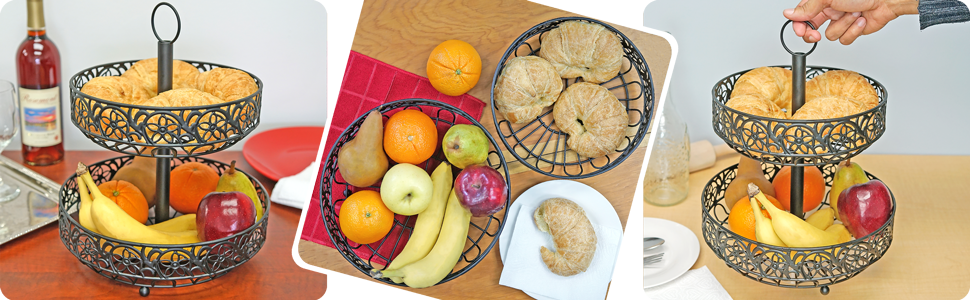 Southern Homewares Countertop Ornate Black Two Tiered Fruit Basket 