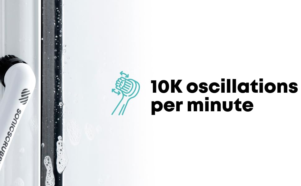 Electric toothbrush head next to text '10K oscillations per minute'. Shows brush in contact with a reflective surface, possibly demonstrating cleaning action.